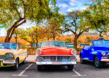 Colourful group of classic cars in Old Havana