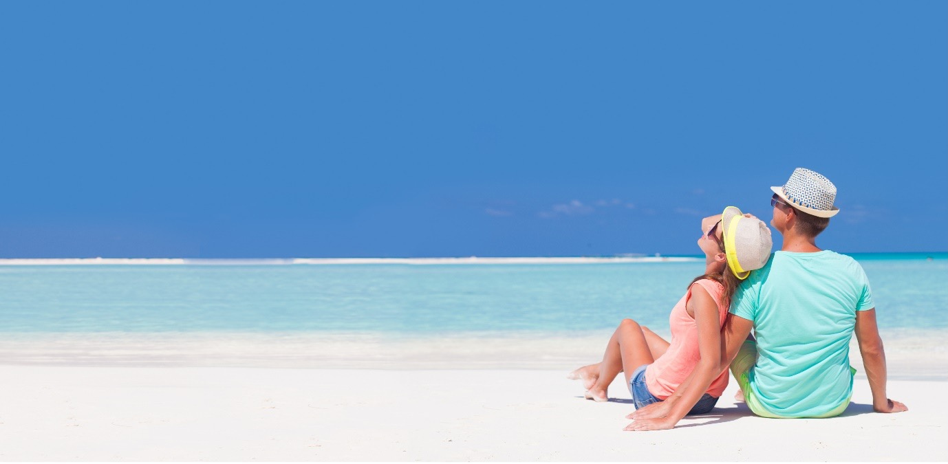 A man and woman sitting on a beach